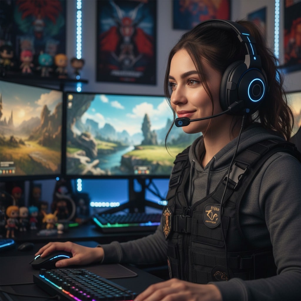create a woman with gaming headset or gear, look like real person